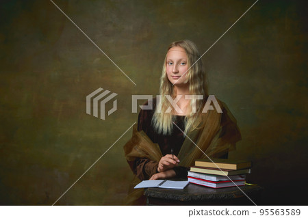 Education. Portrait of young girl as Mona Lisa picture posing over dark vintage background. Retro style, art, fashion, comparison of eras concept. Education. Portrait of young girl as Mona Lisa picture posing over dark vintage background. Retro style, art, fashion, comparison of eras concept. 95563589