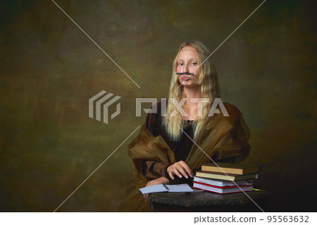 Boring. Vintage style portrait of young charming girl in image of Mona Lisa, La Gioconda isolated on dark green background. Art, beauty, style, imitation Boring. Vintage style portrait of young charming girl in image of Mona Lisa, La Gioconda isolated on dark green background. Art, beauty, style, imitation 95563632