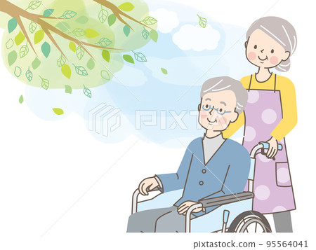幫助坐在輪椅上的老人的資深婦女 幫助坐在輪椅上的老人的資深婦女 95564041