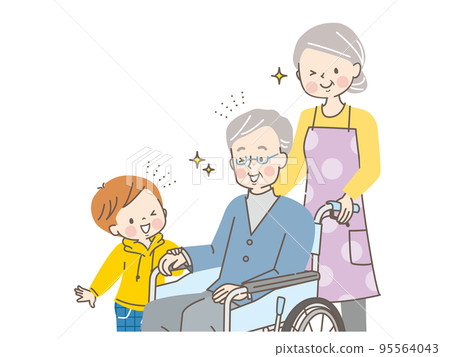 一個微笑的男孩坐在輪椅上來看望他的祖父 一個微笑的男孩坐在輪椅上來看望他的祖父 95564043