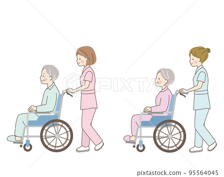 Illustration material of a female nurse helping senior men and women in wheelchairs Illustration material of a female nurse helping senior men and women in wheelchairs 95564045