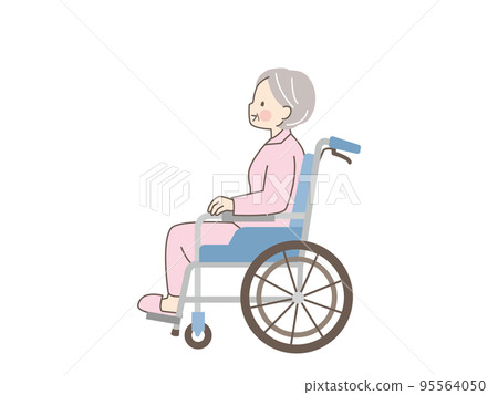 一位微笑的高級婦女坐在輪椅上的矢量圖解 95564050