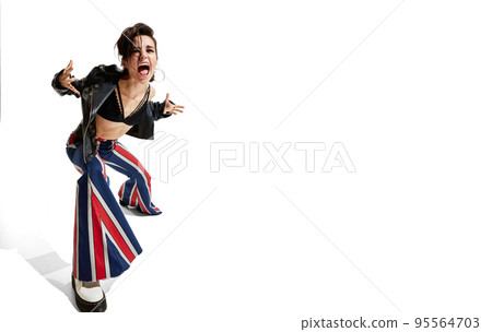 Portrait of beautiful young woman, rock music lover posing with expressive emotions isolated over white background. Flyer Portrait of beautiful young woman, rock music lover posing with expressive emotions isolated over white background. Flyer 95564703