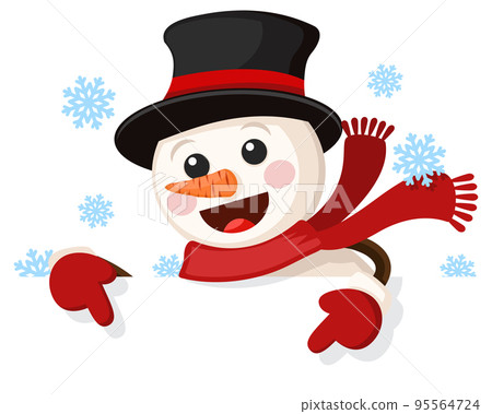Snowman in a hat points to a place for text on a white background. Snowman in a hat points to a place for text on a white background. 95564724
