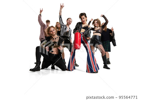 Group of stylish expressive people, man and woman, rock musicians performerming, posing over white background Group of stylish expressive people, man and woman, rock musicians performerming, posing over white background 95564771