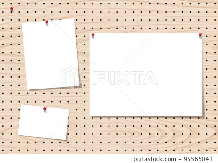 Perforated board Paper frame pinned up on a wooden board with holes 95565041