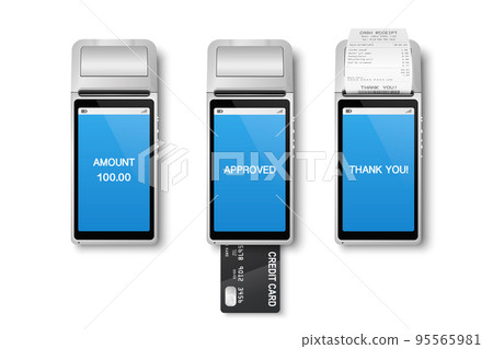 Vector 3d Realistic Silver Wi-Fi Payment Machine, Credit Card, Receipt. POS Terminal Isolated. Design Template, Bank Payment Terminal, Mockup. Processing NFC Payments Device. Top View Vector 3d Realistic Silver Wi-Fi Payment Machine, Credit Card, Receipt. POS Terminal Isolated. Design Template, Bank Payment Terminal, Mockup. Processing NFC Payments Device. Top View 95565981