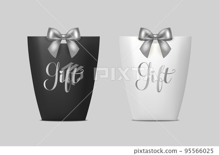 Vector 3d Realistic Black and White Paper Gift Bag, Box for Birthday or Party with Gray Silver Bow, Ribbon. Carry Bag for Present Icon Set Isolated on White Background Vector 3d Realistic Black and White Paper Gift Bag, Box for Birthday or Party with Gray Silver Bow, Ribbon. Carry Bag for Present Icon Set Isolated on White Background 95566025