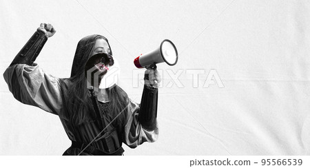 Surreal artwork with female medieval warrior with part of cat's face shouting at megaphone over white background crumpled paper effect. Contemporary art collage 95566539