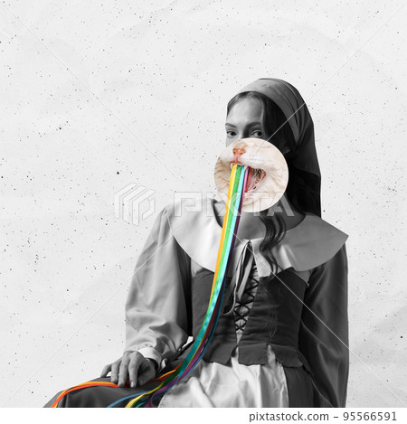 Self awareness and acceptance. Pretty redhead woman with long curly hair like girl of renaissance eras, lady-peasant with part cat's face. Surrealism 95566591