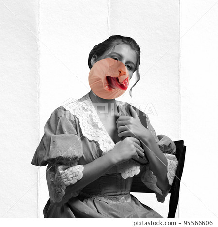 Romantic. Surreal artwork with bw portrait of young woman as medieval royal person in vintage clothing with part of cat's face instead face. Art, surrealism, inspiration Romantic. Surreal artwork with bw portrait of young woman as medieval royal person in vintage clothing with part of cat's face instead face. Art, surrealism, inspiration 95566606