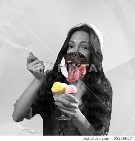 Delicious sweets or desserts. Young adorable girl in image of medieval person, peasant woman in renaissance style dress eating icecream. Surrealism Delicious sweets or desserts. Young adorable girl in image of medieval person, peasant woman in renaissance style dress eating icecream. Surrealism 95566697