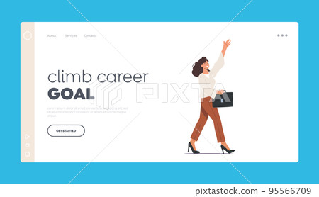 Climb Career Goal Landing Page Template. Happy Female Character Waving Hand. Young Positive Woman in Formal Wear 95566709