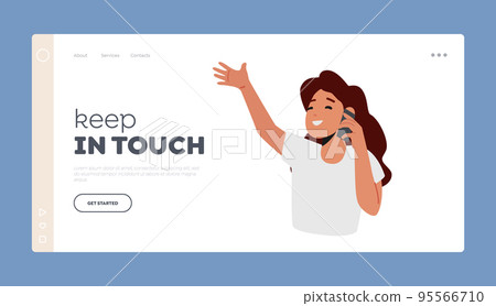 Mobile Connection, Communication Concept Landing Page Template. Happy Little Girl Talking with Friend via Smartphone 95566710
