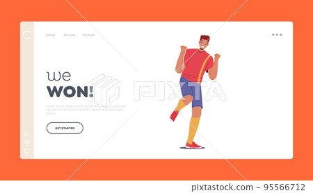 Sport Victory Concept for Landing Page Template. Happy Man Soccer Player Celebrate Win After Goal Show Winner Gesture 95566712