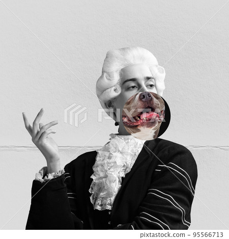 Young man in white wig in image of medieval royal person with dog's face instead face. Comparison of eras concept. Contemporary surreal art portrait 95566713