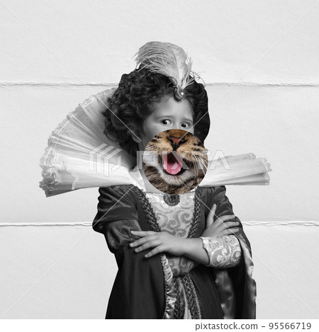 Princess. Cute little girl as medieval royal person in vintage clothing with part of cat's face over light background. Comparison of eras, art, surrealism. Contemporary collage. 95566719
