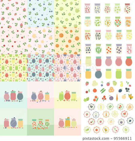 Jam, juice and pickles in glass jars icons set and seamless patterns 95566911