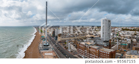 Aerial view of British Airways i360 observation deck in Brighton, UK. Beautiful tower with tourists exploring Brighton by the sea with an amazing view. 95567155