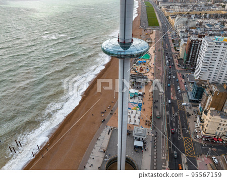 Aerial view of British Airways i360 observation deck in Brighton, UK. Beautiful tower with tourists exploring Brighton by the sea with an amazing view. 95567159