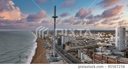 Aerial view of British Airways i360 observation deck in Brighton, UK. Beautiful tower with tourists exploring Brighton by the sea with an amazing view. Aerial view of British Airways i360 observation deck in Brighton, UK. Beautiful tower with tourists exploring Brighton by the sea with an amazing view. 95567256