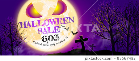 Halloween banner special sale 60% off purple pink background banner with full moon, bats, spiders, cobwebs, tombstones and crosses Designed to promote online sales. 95567482