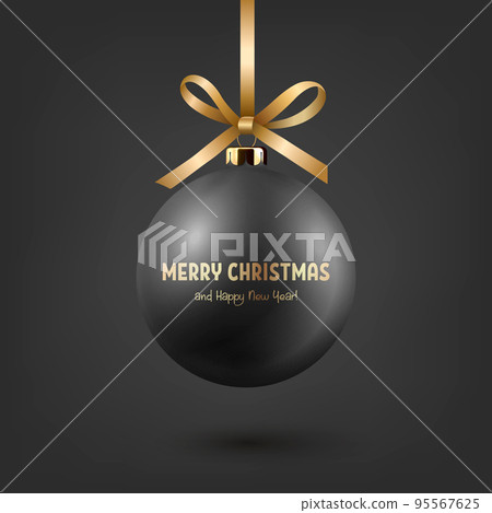 Vector Realistic 3d Black Christmas Glass Ball with Yellow Golden Silk Bow Closeup on Black Background. Design Template of Xmas and New Year Tree Toy Decoration Ball for Mockup. Front View Vector Realistic 3d Black Christmas Glass Ball with Yellow Golden Silk Bow Closeup on Black Background. Design Template of Xmas and New Year Tree Toy Decoration Ball for Mockup. Front View 95567625