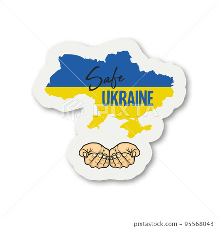 Safe Ukraine. Anti War Call with Plams, Map of Ukraine, Ukrainian Flag Colors. Anti War Call, Symbol, Paper Sticker. Struggle, Protest, Support Ukraine. Vector Illustration 95568043