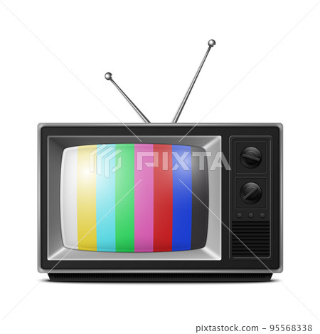 Vector 3d Realistic Retro Striped Screen TV Receiver Isolated on White Background. Home Interior Design Concept. Vintage TV Set, Television, Front View 95568338