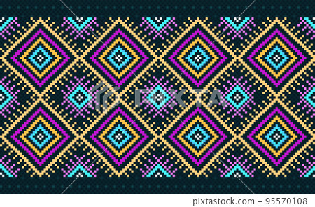 Pixel geometric ethnic pattern, Vector embroidery ikat background, Pixel yellow pink and blue pattern square Pixel geometric ethnic pattern, Vector embroidery ikat background, Pixel yellow pink and blue pattern square 95570108