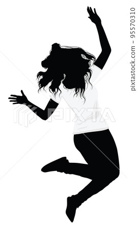 Girl silhouette in white t shirt jump 95570310