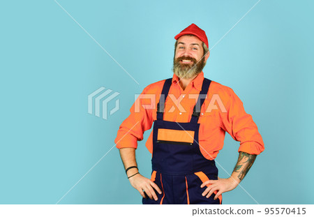 Electrician plumber handyman. Call master. Renovation concept. Man skillful worker. Laborer. Repairman experienced worker. Help services. Handsome construction worker. Fixing broken technics at home 95570415