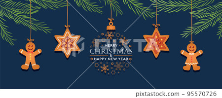 christmas card with hanging gingerbread cookies decoration and fir branches christmas card with hanging gingerbread cookies decoration and fir branches 95570726