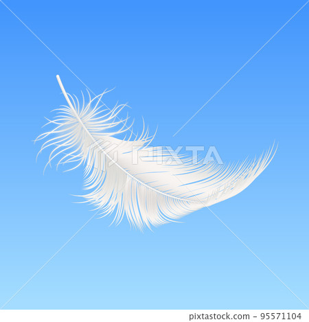 Vector 3d Realistic Falling White Fluffy Feather Closeup on Blue Sky Background. Design Template of Angel, Bird Detailed Feather. Lightness and Freedom Concept 95571104