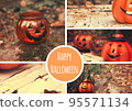 Halloween theme collage with funny pumpkins. Greeting card, party flyer design 95571134