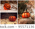 Halloween theme collage with funny pumpkins. Seasonal Greeting card, party flyer design 95571136