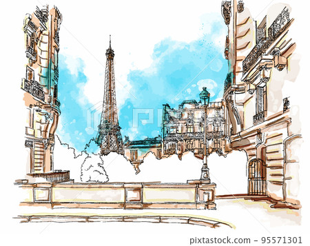 Parisian street, simple black and white hand-drawn sketch with color blots. Elegant landscape view of a European city. Vector art print. 95571301