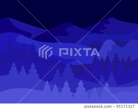 Night winter mountain landscape. Mountain landscape with christmas trees in flat style. View of the snowy hills. Design for posters, travel agencies and promotional items. Vector illustration Night winter mountain landscape. Mountain landscape with christmas trees in flat style. View of the snowy hills. Design for posters, travel agencies and promotional items. Vector illustration 95571327