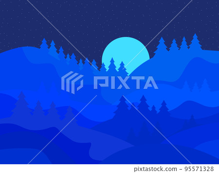 Night winter mountain landscape with moon. Mountain landscape with fir trees in a flat style. View of the snowy hills. Design for posters, travel agencies and promotional items. Vector illustration Night winter mountain landscape with moon. Mountain landscape with fir trees in a flat style. View of the snowy hills. Design for posters, travel agencies and promotional items. Vector illustration 95571328