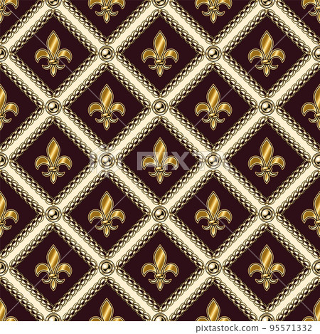 Checkered vintage black and white pattern with gold heraldic lily flowers, gold chains, buttons. Classic square grid. Vector fleur de lis seamless background Checkered vintage black and white pattern with gold heraldic lily flowers, gold chains, buttons. Classic square grid. Vector fleur de lis seamless background 95571332