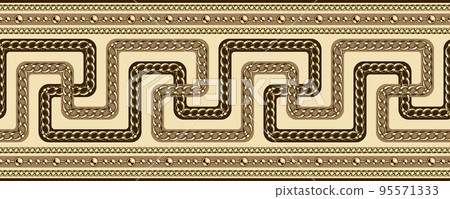 Ancient greek borders with gold chains, beads. Greek roman meander seamless border. Horizontal stripes. 95571333