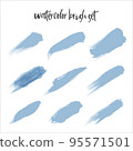 Set of blue watercolor brush stroke isolated on white background. Vector illustration for grunge design. Hand painted stain. 95571501