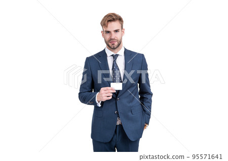 businessman man in suit showing empty credit or debit business card, copy space, business. businessman man in suit showing empty credit or debit business card, copy space, business. 95571641