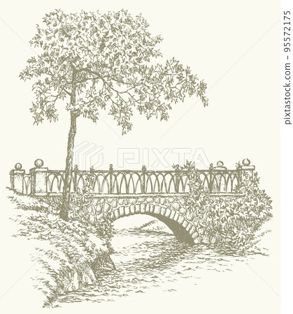 Vector landscape. A maple near the ancient stone bridge over a small river Vector landscape. A maple near the ancient stone bridge over a small river 95572175