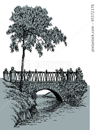 Vector landscape. A maple near the ancient stone bridge over a small river Vector landscape. A maple near the ancient stone bridge over a small river 95572176