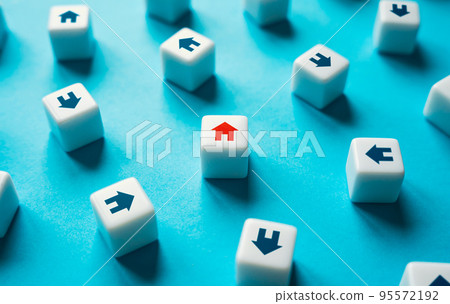 Highlighted red house among other housing options. Home selection buy concept. Offers on real estate market. Households with debts. Buildings with violations and illegal structures. Realtor service. 95572192