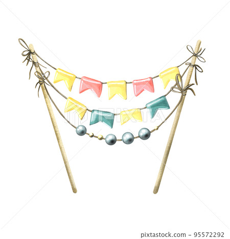Decoration for a birthday cake, with flags on sticks, with beads. Watercolor illustration. An isolated object from a large set of HAPPY BIRTHDAY. For decoration and design of baking, holiday parties Decoration for a birthday cake, with flags on sticks, with beads. Watercolor illustration. An isolated object from a large set of HAPPY BIRTHDAY. For decoration and design of baking, holiday parties 95572292