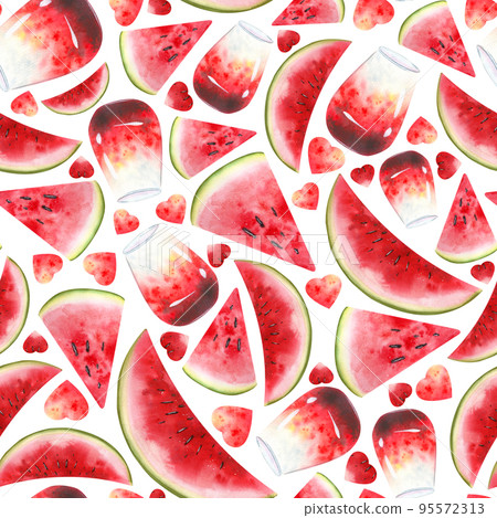 Watermelon slices and watermelon juice, cocktail in a glass, watermelon hearts. Seamless pattern, watercolor. Bright, juicy, for decoration and design of fabric, textiles, wallpaper, cover, paper. Watermelon slices and watermelon juice, cocktail in a glass, watermelon hearts. Seamless pattern, watercolor. Bright, juicy, for decoration and design of fabric, textiles, wallpaper, cover, paper. 95572313