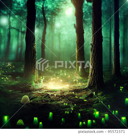 Glowing mushrooms. Magical shimmering mushrooms in a mysterious forest 95572371