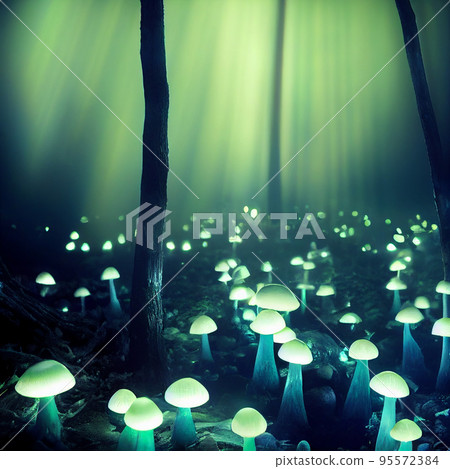 Glowing mushrooms. Magical shimmering mushrooms in a mysterious forest 95572384